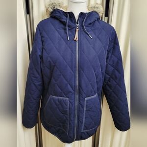Eddie Bauer Navy Blue Quilted Women’s Jacket w/ Faux Fur Hood | Size Large